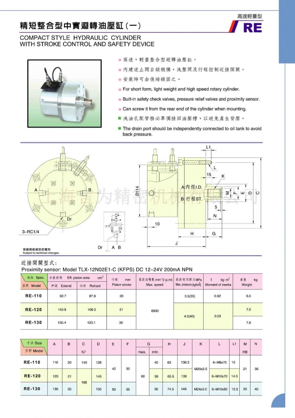 佳贺中实精短整合型回转油压缸 RE